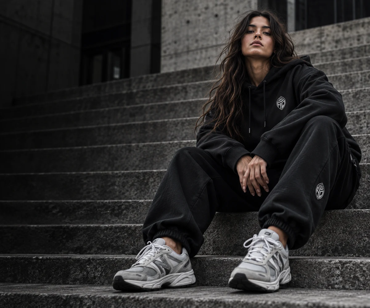 Woman in a black Athletique tracksuit on concrete steps