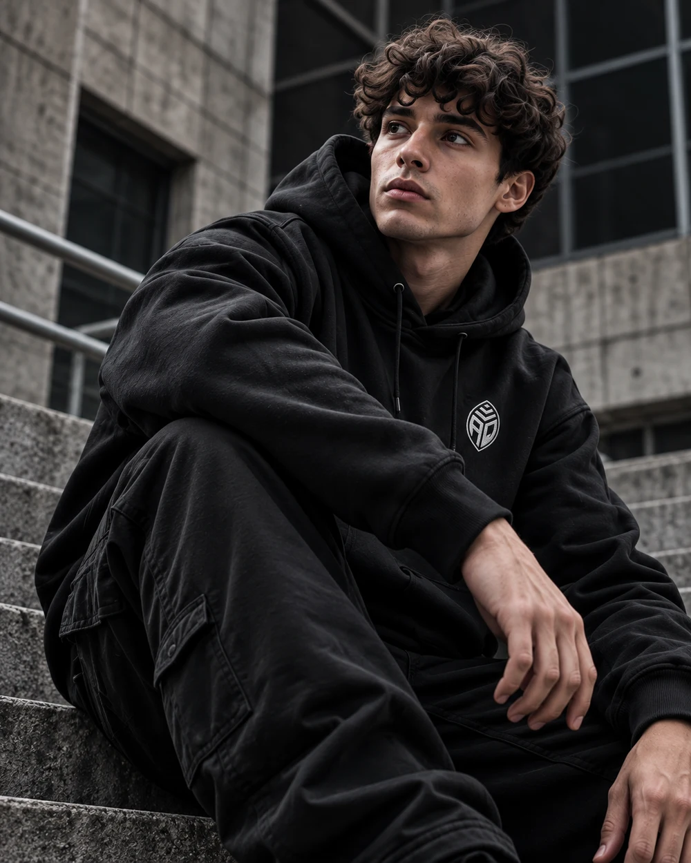 Black Athletique hoodie worn on concrete city steps