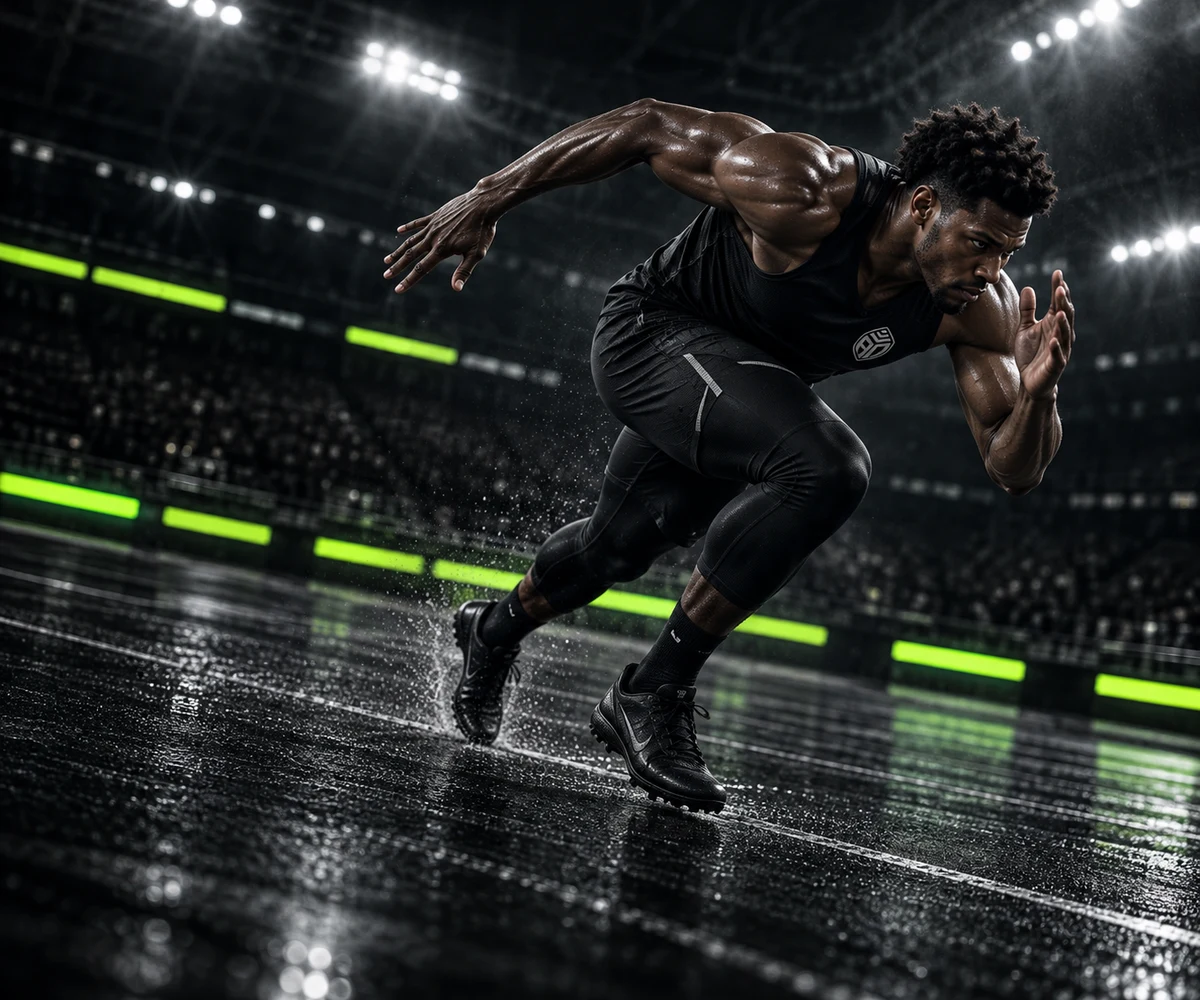 Athlete accelerating on a rain-wet track