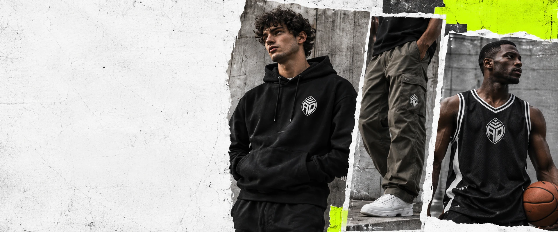 Torn-paper streetwear collage featuring a black hoodie, olive cargo pants and basketball-inspired styling